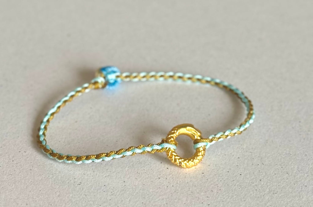 Bracelet anneau protecteur dragon – cordon tressé contrasté taupe et bleu