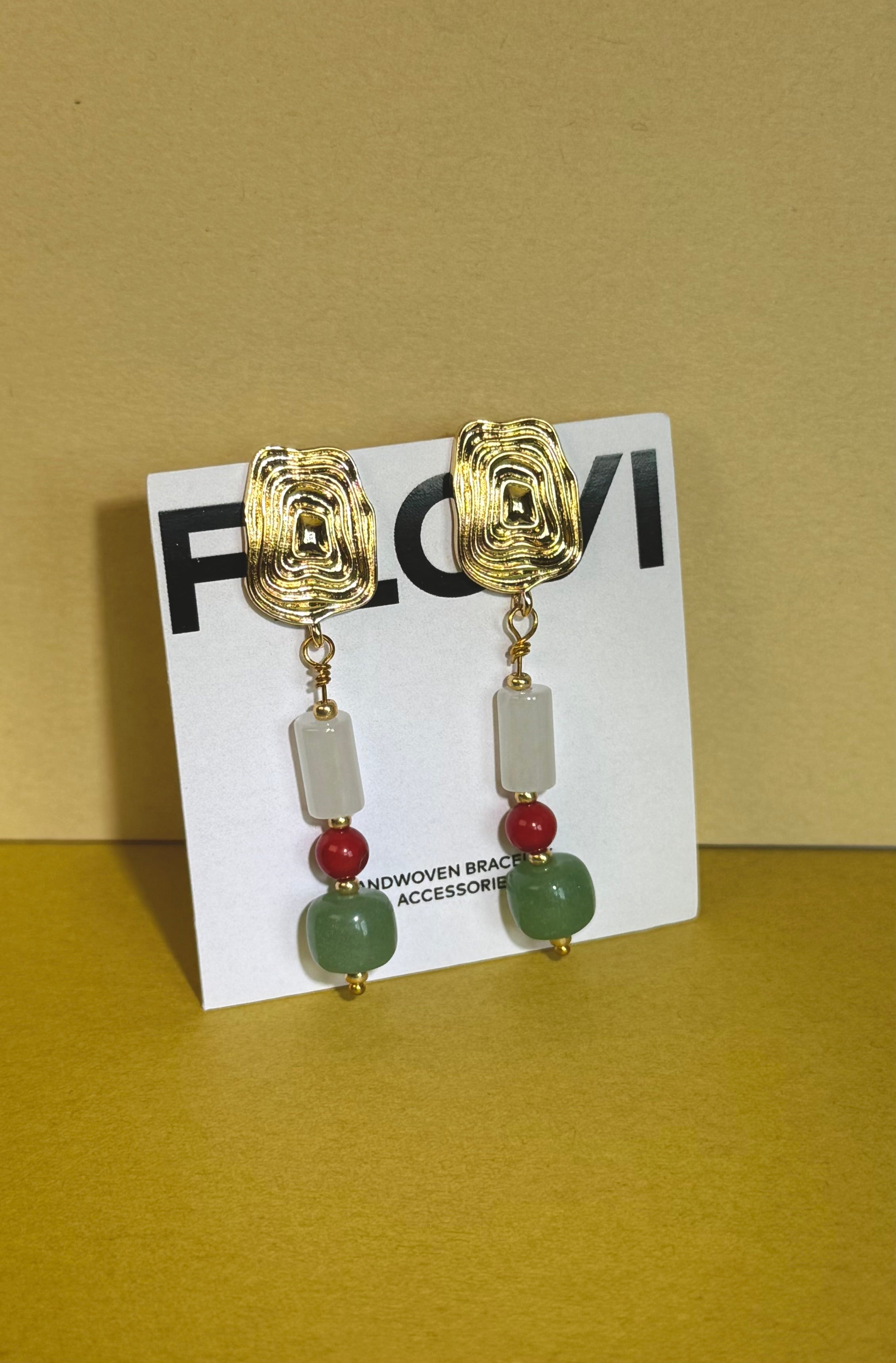 Boucles d’oreilles "Cerise et Bananier" jade et agate rouge