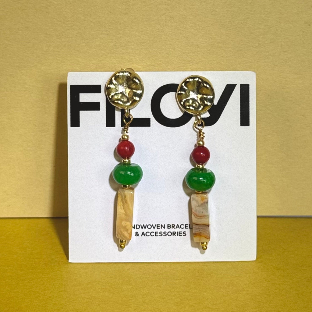 Boucles d’oreilles artisanales "Hong" - agate et jade verte