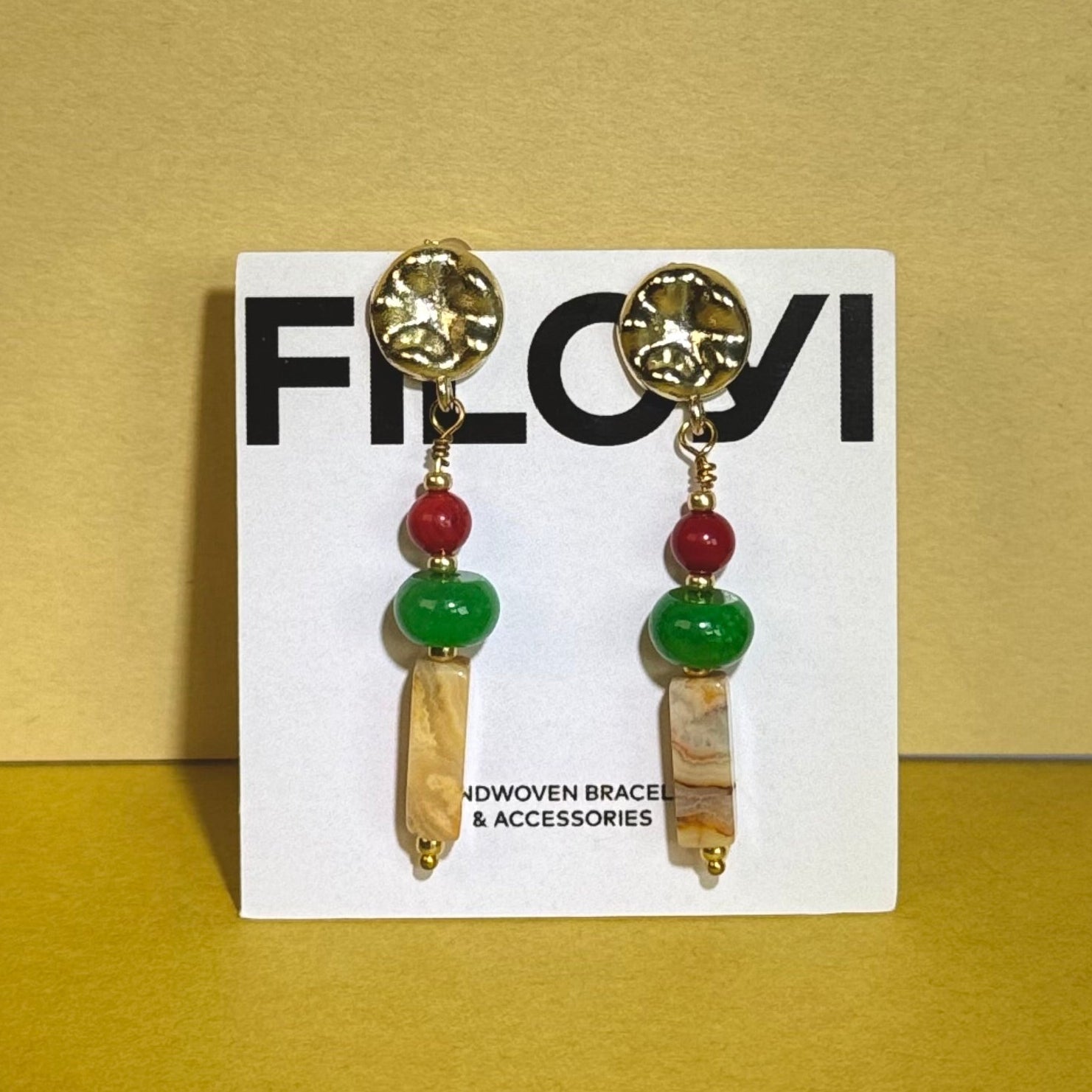 Boucles d’oreilles artisanales "Hong" - agate et jade verte