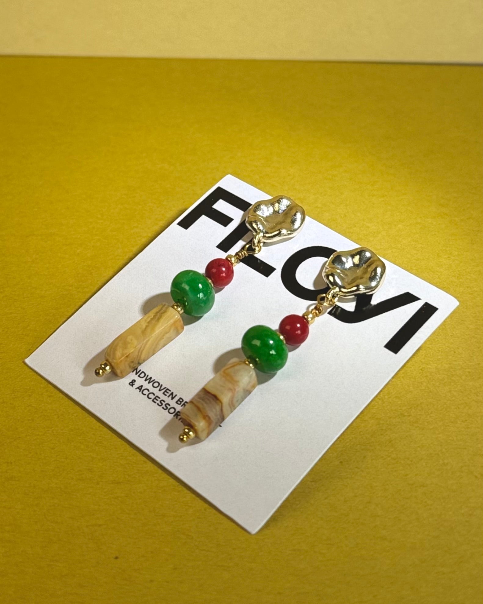 Boucles d’oreilles artisanales "Hong" - agate et jade verte