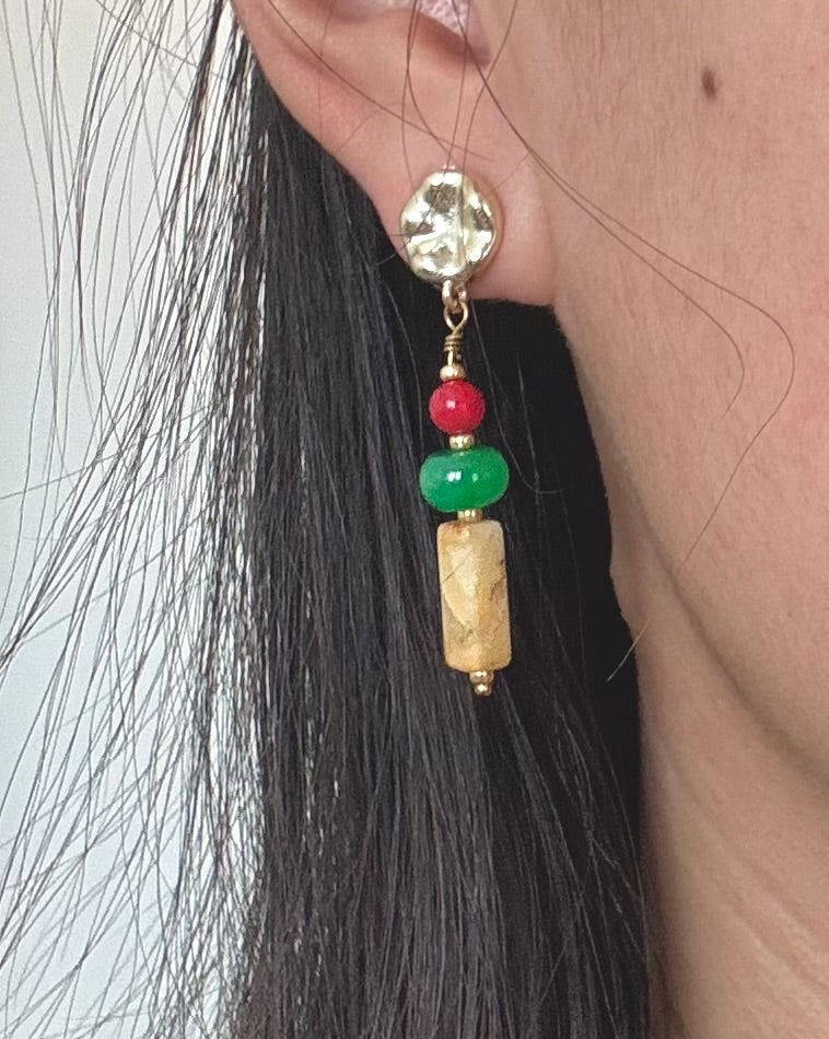 Boucles d’oreilles artisanales "Hong" - agate et jade verte