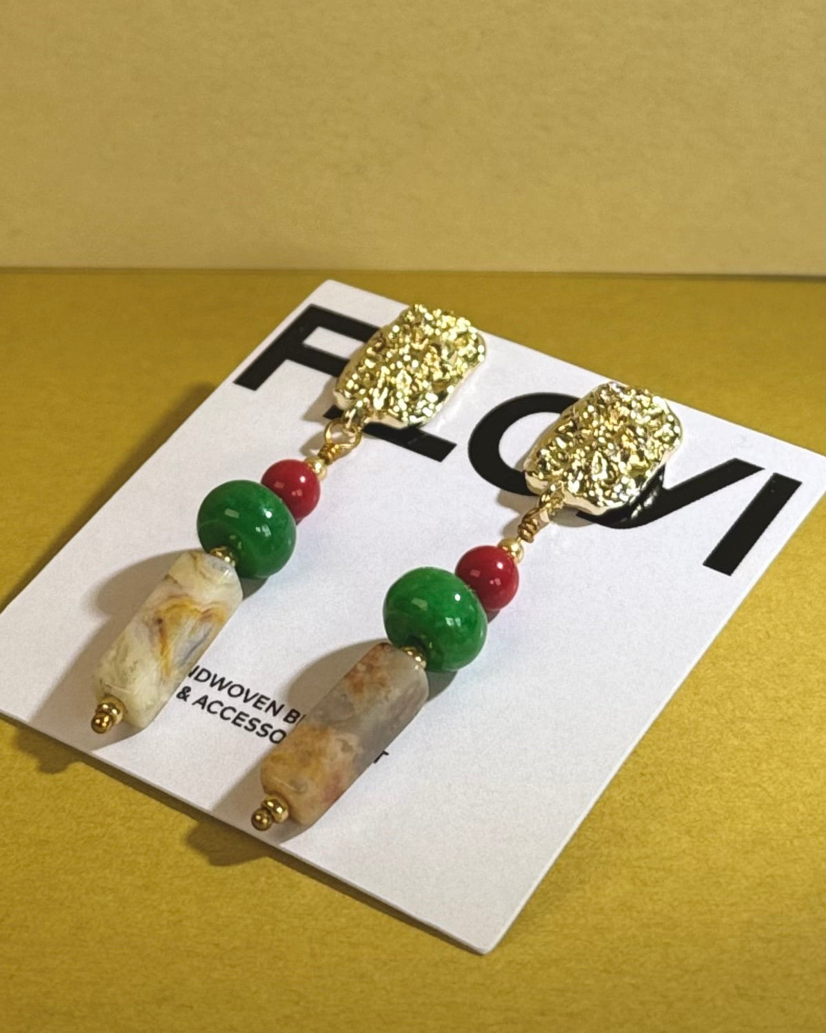 Boucles d’oreilles artisanales "Hong" - agate et jade verte