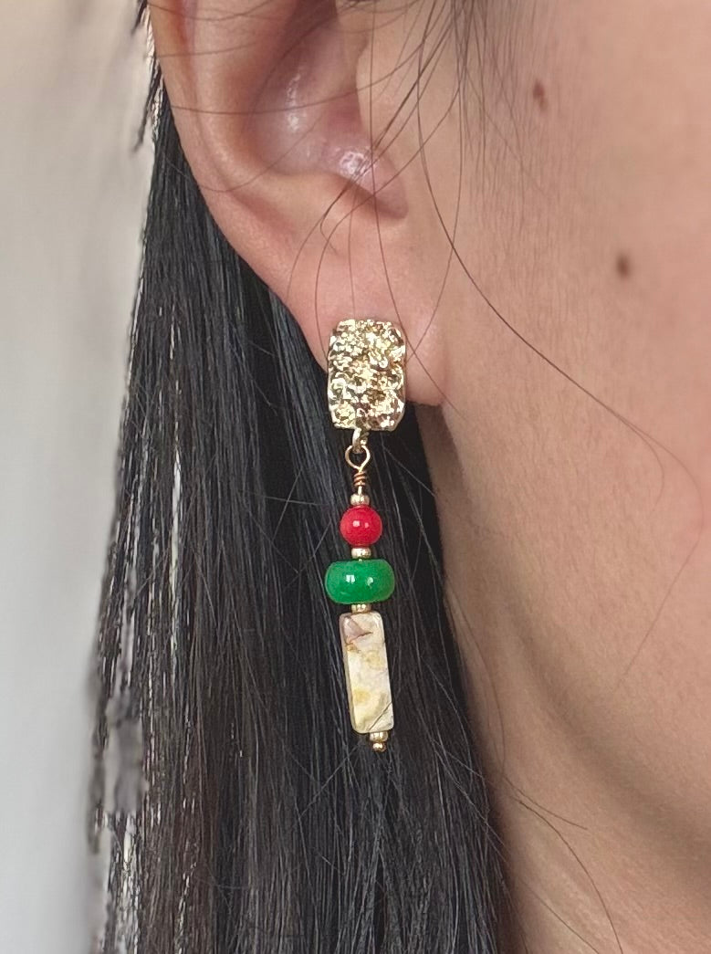 Boucles d’oreilles artisanales "Hong" - agate et jade verte