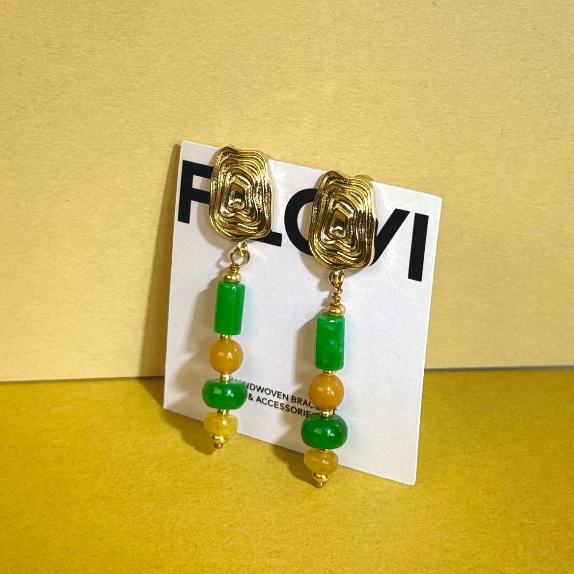 Boucles d’oreilles "Toit de porcelaine" jade verte et jaune