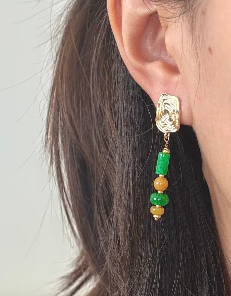 Boucles d’oreilles "Toit de porcelaine" jade verte et jaune
