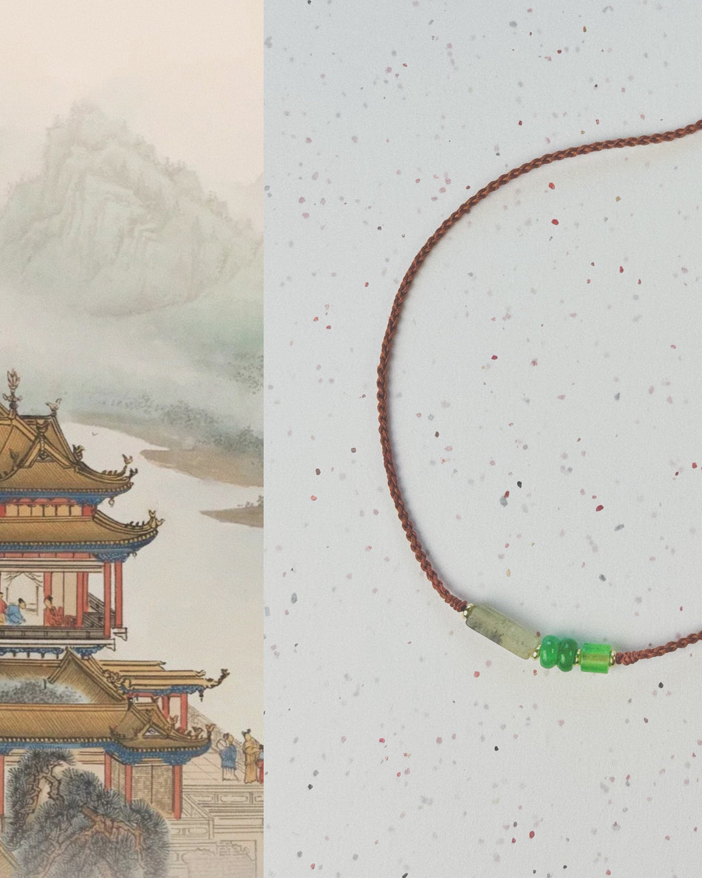 Collier fait main inspiré d'Asie, jade et agate verte sur cordon tressé, ajustable