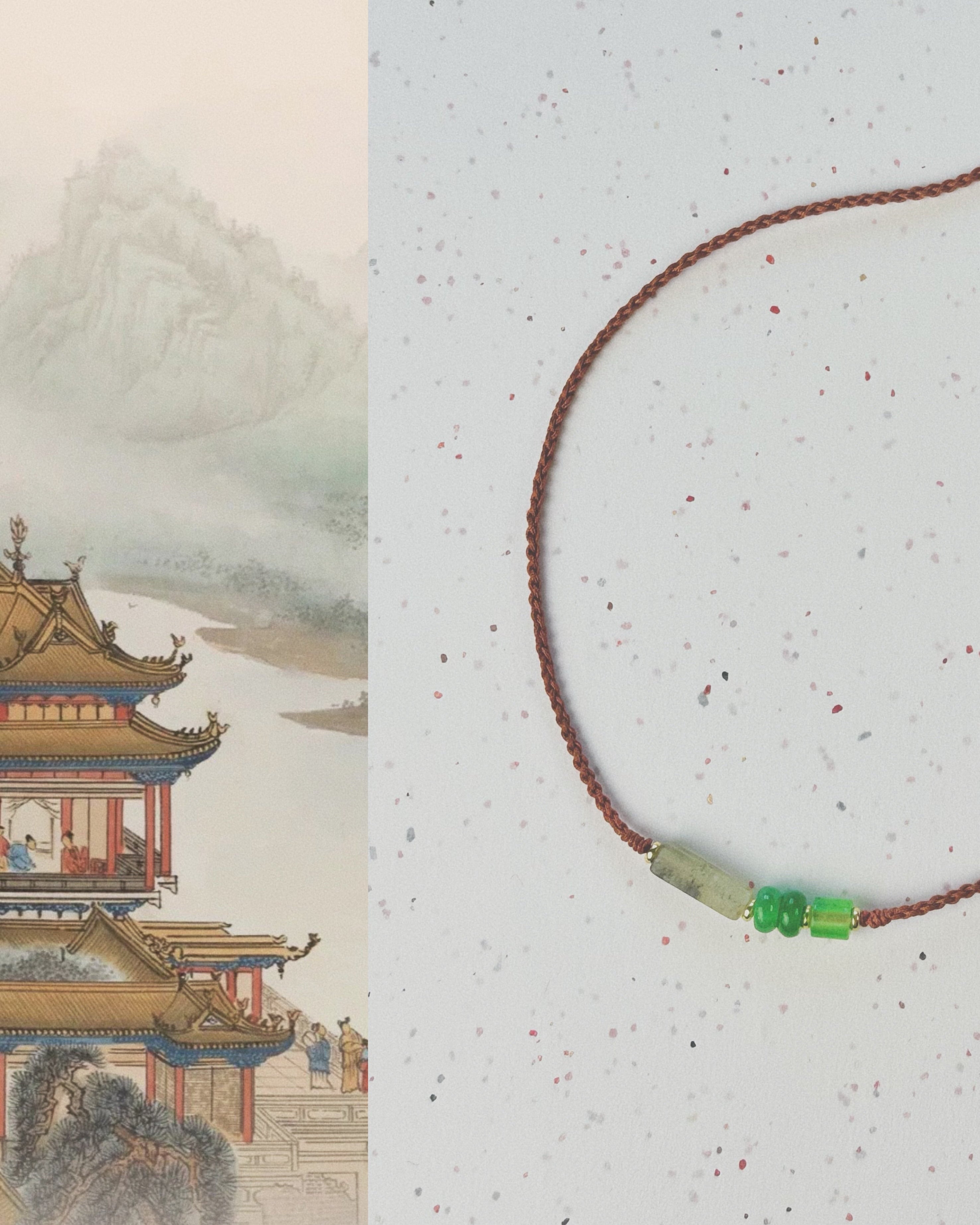 Collier fait main inspiré d'Asie, jade et agate verte sur cordon tressé, ajustable