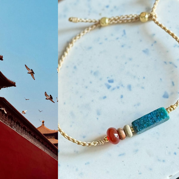 Bracelet tressé Cité Interdite - pierre naturelle de Shoushan et agate rouge